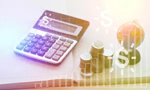 Account Prints: pile coin money with calculator and globe concept for account and finance of bank background