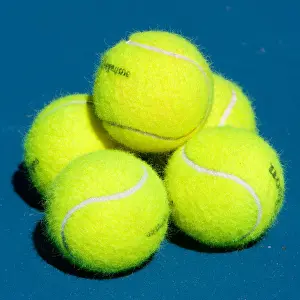 Ball Sport Prints: Pile of tennis balls on court at the Heineken Open Tennis Tournament Auckland New Zealand