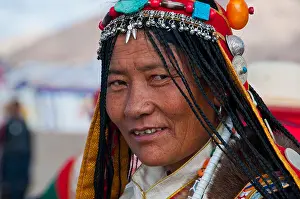 Braids Prints: Pilgrim wearing a traditional head dress, portrait, Gerze, West Tibet, Tibet, Central Asia