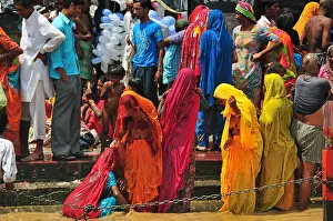Uttarakhand Prints: Pilgrims praying and bathing at Har Ki Pairi ghat by the Ganges River