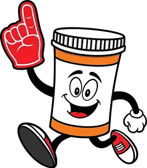 Number One Prints: Pill Bottle Running with Foam Finger- A Cartoon Illustration of a Pill Bottle Running with a Foam Finger