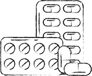 Medicament Prints: pills blister with capsules packaging medicines healthcare medical vector illustration hand drawing