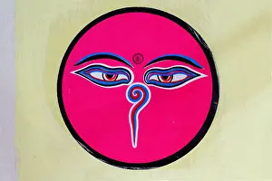 Meditation Prints: Pink circular sketch of the eyes of Buddha