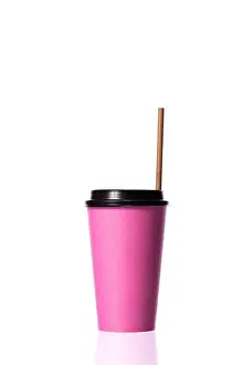 Biodegradable Prints: pink disposable paper coffee cup with plastic cap and eco craft paper straw