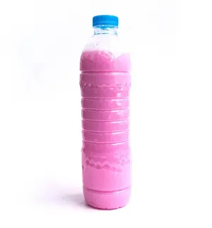 Sparkling Prints: Pink fabric softener in plastic bottles isolated on white background
