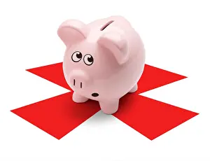 Worry Prints: Pink Pig standing on X mark about to be broken open, Isolated on White Background