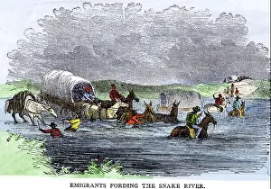 Mule Prints: Pioneer covered wagon fording the Snake River on the Oregon Trail 1800s