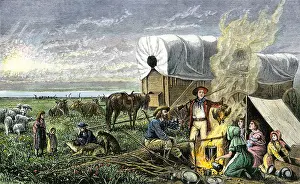 Old Fashioned Prints: Pioneer family camped beside their covered wagons on a trail west 1800s