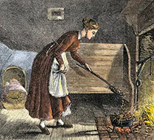 Log Cabin Prints: Pioneer mother cooking with a bake-kettle in the fireplace. Hand-colored woodcut