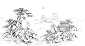 Ancient Town Prints: Piper chinese style line drawing illustration