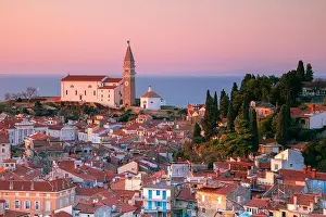Mediterranean Countries Prints: Piran, Slovenia. Aerial cityscape image of beautiful Piran, Slovenia at spring sunset