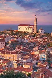 Piran, Slovenia. Aerial cityscape image of beautiful Piran, Slovenia at spring sunset