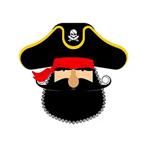 Corsair Prints: Pirate portrait in hat. Eye patch and smoking pipe