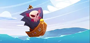 Jolly Roger Prints: Pirate ship with black sails and jolly roger floating on ocean water waves