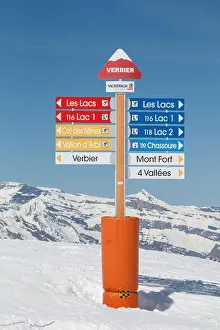 Directions Prints: Piste direction sign in the ski resort of Verbier in the Valais