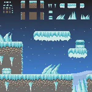 Indie Prints: Pixel art Adventure 8 Bit game winter scene and quest creator of ground