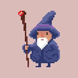 Geek Prints: Pixel art retro design fantasy game character - bearded wizard with a hat and a magic staff