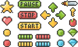 Pause Prints: Pixel buttons. Retro video games trophy pictogram menu bars ui elements vector pixel set