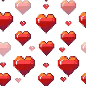8 Bit Prints: Pixel hearts pattern. Seamless print of retro 8 bit square valentines day symbols