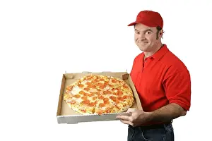 Waiter Prints: A pizza delivery man holding a hot fresh pepperoni pizza Isolated on white