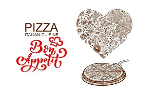 Spaghetti Prints: Pizza in the shape of a heart. Pizza and ingredients