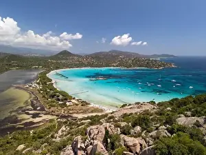 Tropical Paradise Prints: Plage de Santa Giulia beach and coastline Corsica France aerial perspective