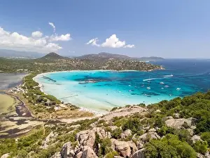 Scenic Coastline Prints: Plage de Santa Giulia beach and coastline Corsica France aerial perspective