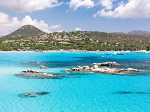 Scenic Coastline Prints: Plage de Santa Giulia beach and coastline Corsica France aerial perspective