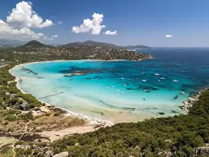 Scenic Coastline Prints: Plage de Santa Giulia beach and coastline Corsica France aerial perspective