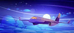 Moonlight Prints: Plane fly in night sky with clouds and full moon