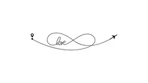 Trace Prints: Plane and its track as a sign of infinity and text love on white background