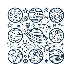 Sun Moon Prints: Planets and stars. Hand drawn planets and different shape stars vector illustration set