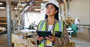 Woodwork Prints: Planning, woman and carpenter with tablet for construction