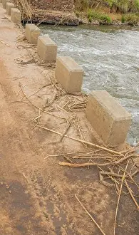 Debris Prints: Plant-based flooding debris on a low water bridge over a stream image in vertical format