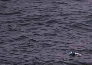 A plastic bottle floats in the sea water at Belfast Lough in Holywood, Co. Down, Northern Ireland