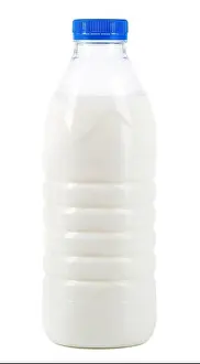 Opaque Prints: Plastic bottle with milk, isolated on white background. Milk bottle with blue lid