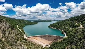 Thessaly Prints: Plastiras Lake dam, Greece. Concrete infrastructure construction for the artificial lake in Karditsa