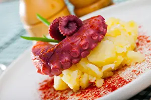 Paprika Prints: Plate of appetizing boiled octopus with mashed potatoes garnish served with paprika and greens