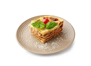 Lasagna Prints: Plate with tasty baked lasagna on white background