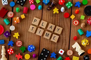 Board Game Prints: 'Play Time' spelled out in wooden letter tiles