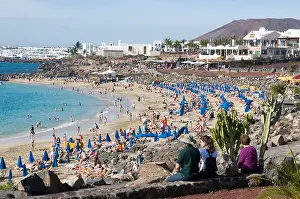 Lanzarote Prints: Playa Blanca Lanzarote beach beaches sun lounger loungers bathing bath sunbathing sunbathing canary islands isles white