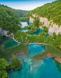 Stone Stream Prints: Plitvice, Croatia - Aerial panoramic view of the beautiful Plitvice Lakes (Plitvička jezera)