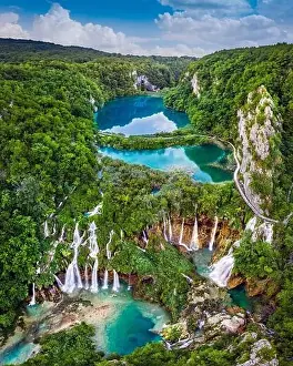 Stone Stream Prints: Plitvice, Croatia - Amazing view of the beautiful waterfalls of Plitvice Lakes in Plitvice National Park on a bright