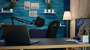 Vlogger Prints: Empty podcast room with professional microphone in vlogger home studio in living