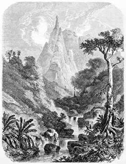 Island Mountain Prints: pointed mountain Peter Booth far in the distance behind luxuriant landscape with torrent vertical arranged
