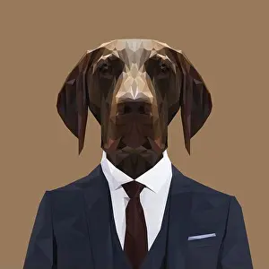 Vector Vectors Prints: Pointer dog animal dressed up in navy blue suit with red tie