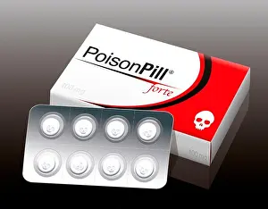 Medicament Prints: POISON PILL FORTE with a skull as brand logo on the cardboard packet and a remedy blister with skull shaped pills