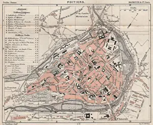 Hachette Prints: POITIERS. Vintage town city ville map plan carte. Vienne, 1899