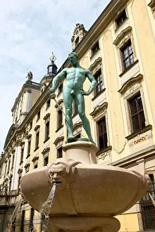 Wroclaw Prints: Poland Dolnoslaskie Wroclaw Statue of Naked Student Szermierz Fountain ouside University Buildings