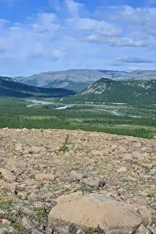 Urals Prints: Polar Ural Mountains, Sob River Valley. Summer mountain landscape of the north of Russia
